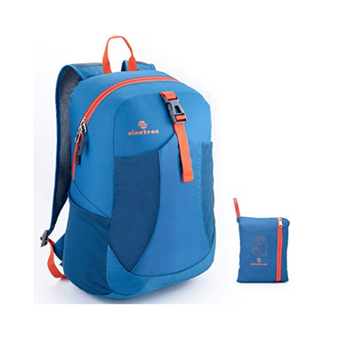 Blue backpack with orange zippers shown in upright position. To the right is a smaller upright pouch, also blue with orange zippers.