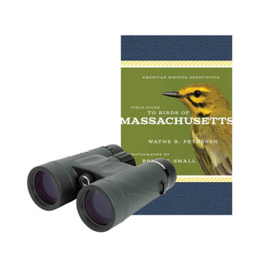 Binoculars shown from the side with the book "Field Guide to Birds of Massachusetts" in the background.