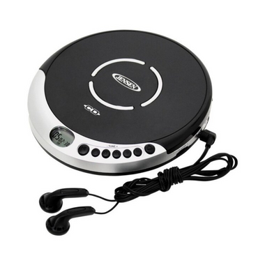 Shown from above is a compact disc player in black and silver with attached black earbuds.