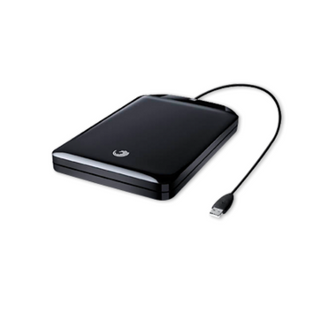 Black external floppy disc drive with connected USB cable shown from above.