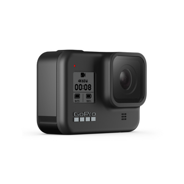 Black Go Pro camera shown from the side. 
