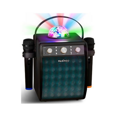 Black Karaoke machine, turned on with multicolored rainbow disco ball.