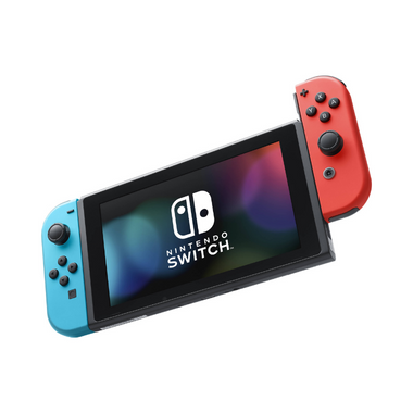 Nintendo Switch console turned on with blue and red Joy Controllers. Right Red Controller offset. 