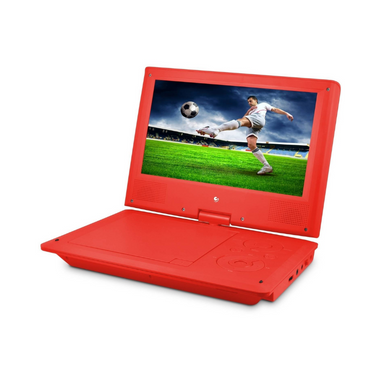 Red portable DVD player with pop up LED screen for viewing. Shown man playing soccer in white jersey kicking ball.
