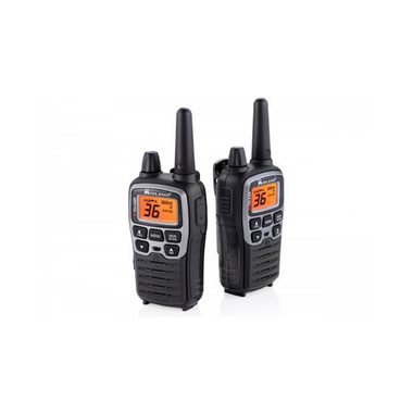 Two Black rectangular walkie talkies turned on with orange LED screen.