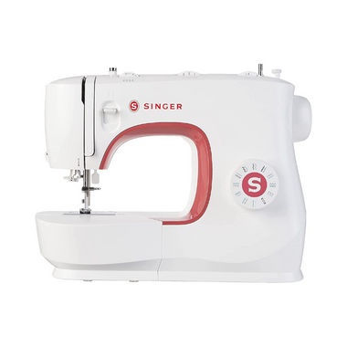 White and red Singer sewing machine shown  from the front angle.