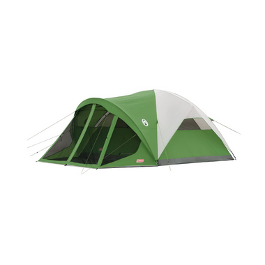 Set up green and white camping tent shown from the side.