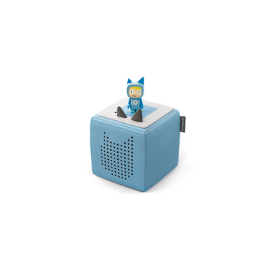 Blue fabric square speaker with blue toy on top.
