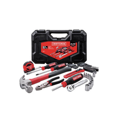 Black and REd Craftsman Case shown in upright position. In front of case is shown various silver and red tools as shown from the front.