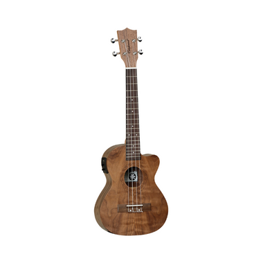 Brown ukulele shown in standing position.